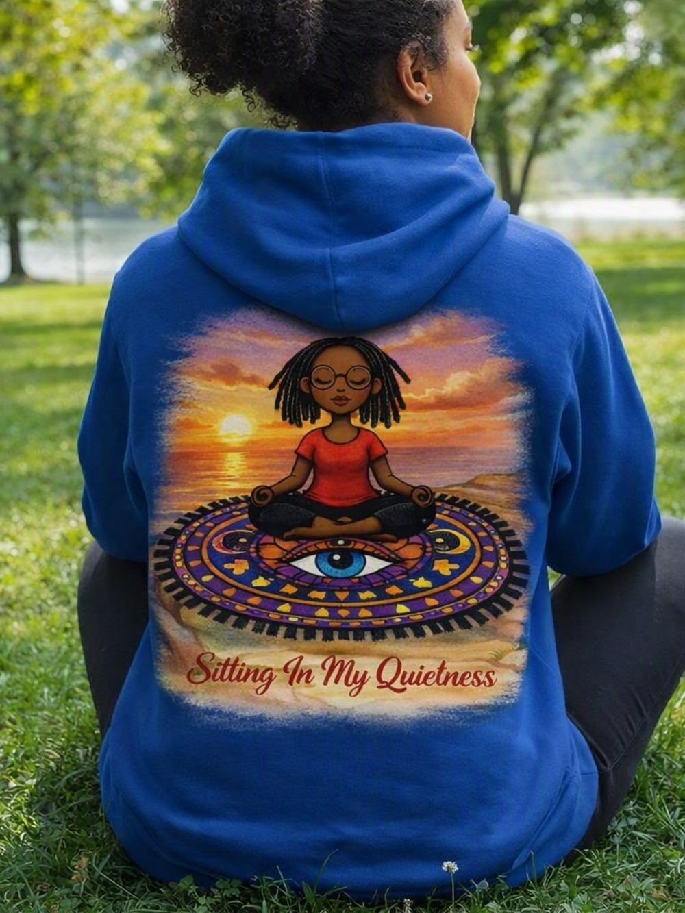 Women's Blue Graphic Hoodie - Sitting In My Quietness Design